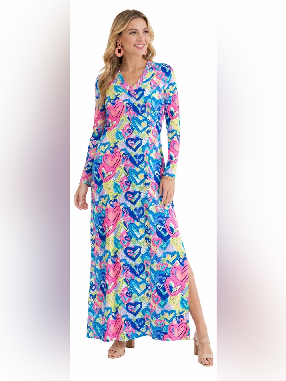 Lulu-B Long Sleeve Heart-Print Maxi Dress in Pink, Blue & Lime